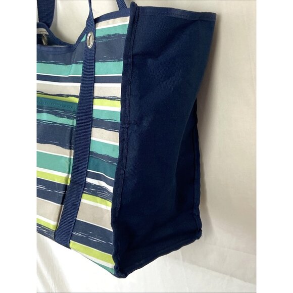 Thirty-One Deluxe Utility Tote Sea stripe Navy Blue Green White Beige Stripes - Picture 3 of 9